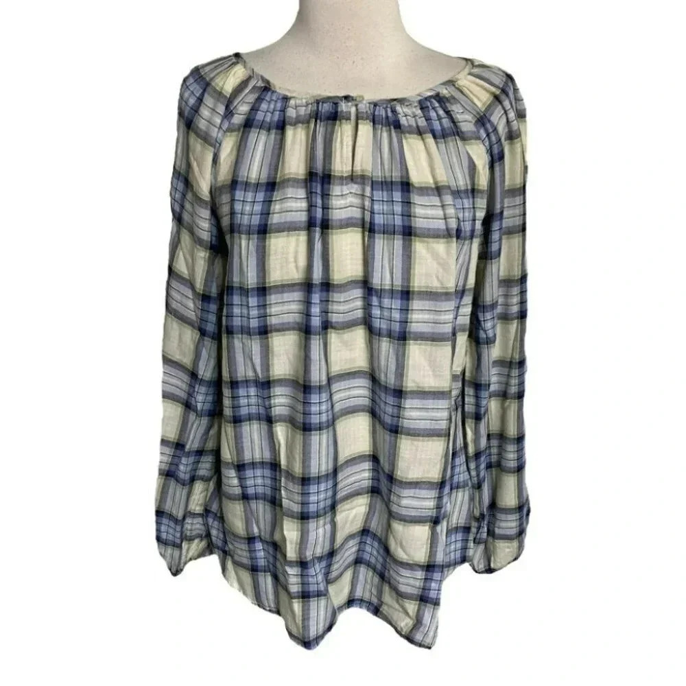 Chaps Plaid Peasant Blouse Large Blue White Green Cotton Long‎ Sleeve Scoop Neck